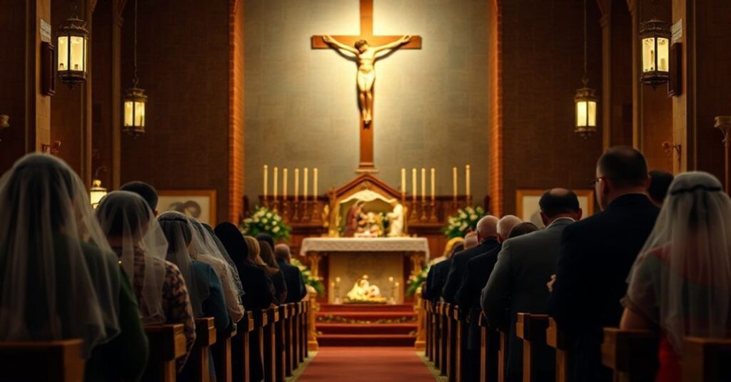 Tradycyjna Msza Pasterska w kościele katolickim z grupą wiernych modlących się przed szopką i krzyżem.