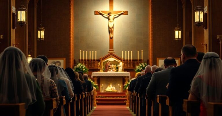 Tradycyjna Msza Pasterska w kościele katolickim z grupą wiernych modlących się przed szopką i krzyżem.