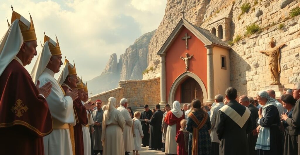 Reprezentacja tradycyjnej katolickiej pielgrzymki z duchownymi i wiernymi w modlitwie, w kontekście krytyki modernistycznych odchyleń