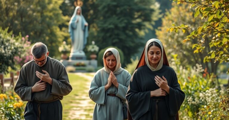 Fotografia realistyczna i pełna szacunku przedstawiająca tradycyjną pielgrzymkę katolicką z modlitewnymi uczestnikami, symbolizującą wiarę i oddanie Bogu w duchu nauki katolickiej.