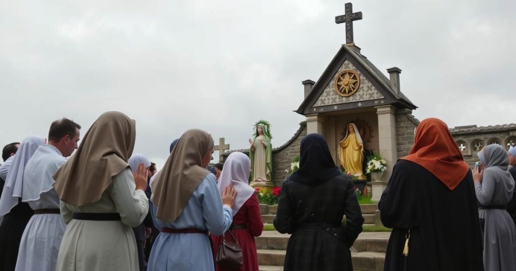 Fotografia realistyczna i modlitewna przedstawiająca tradycyjny katolicki pielgrzymkę z wiernymi modlącymi się przed obrazem lub figurą Matki Bożej na tle szarego nieba, wyrażającą powagę i krytykę nowoczesnych praktyk religijnych