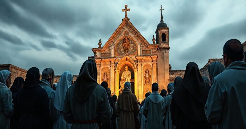 Rekonstrukcja tradycyjnej pielgrzymki katolickiej przed starą świątynią, ukazująca pokorę i modlitwę wiernych w duchu prawdziwej katolickiej pobożności