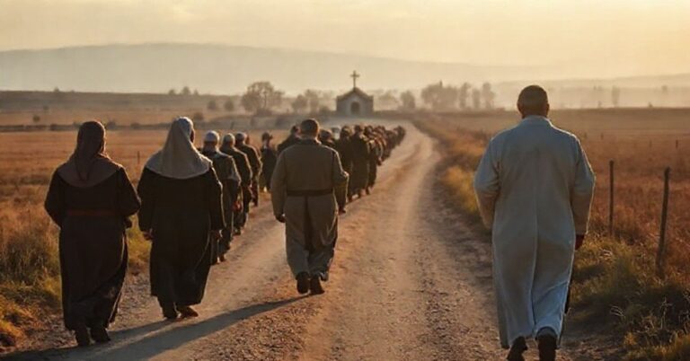 Tradycyjna pielgrzymka katolicka - grupa wiernych w tradycyjnym stroju idących ku prawdziwemu sanktuarium