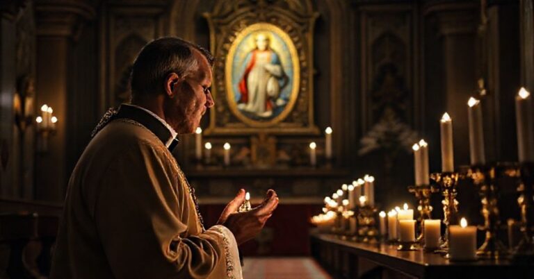 Mężczyzna w tradycyjnym stroju katolickim modli się przed obrazem Cudownego Medalika w kaplicy, podkreślając duchowy wymiar pobożności maryjnej.