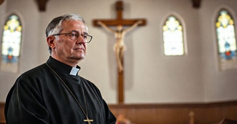 Prawdziwy katolicki kapłan w tradycyjnym franciszkańskim habitcie modli się przed krzyżem w prostej kaplicy.