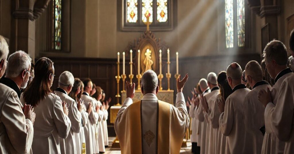 Tradycyjny ksiądz katolicki w sztachach modlących się przed Najświętszym Sakramentem w otoczeniu pokutujących wiernych w historycznym kościele