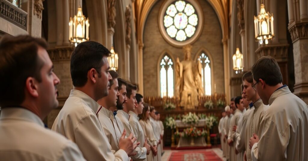 Tradycyjny kościół katolicki z grupą wiernych biorących udział w procesji gromnicznej podczas uroczystości Matki Bożej Gromnicznej.