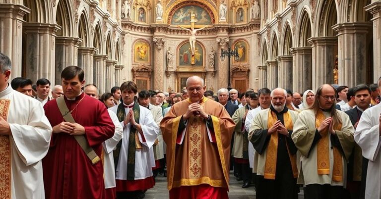 Procesja katolicka z tradycyjnymi szatami i krzyżem, prowadzona przez biskupa sedevacantystów przed tłem wielkiego katedry. Scena wypełniona wiernymi w pokucie i modlitwie, symbolizująca prawdziwe katolickie nauki o miłości i zbawieniu.