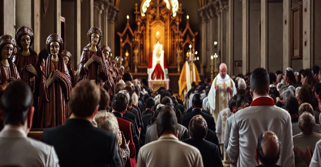 Tradycyjna katolicka procesja w kościele z wizerunkami świętych, otoczona pobożnymi wierzącymi, podkreślająca głęboki duchowy szacunek.