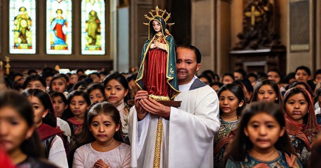 Pobożna procesja młodzieży katolickiej w Peru z tradycyjną figurą Matki Boskiej