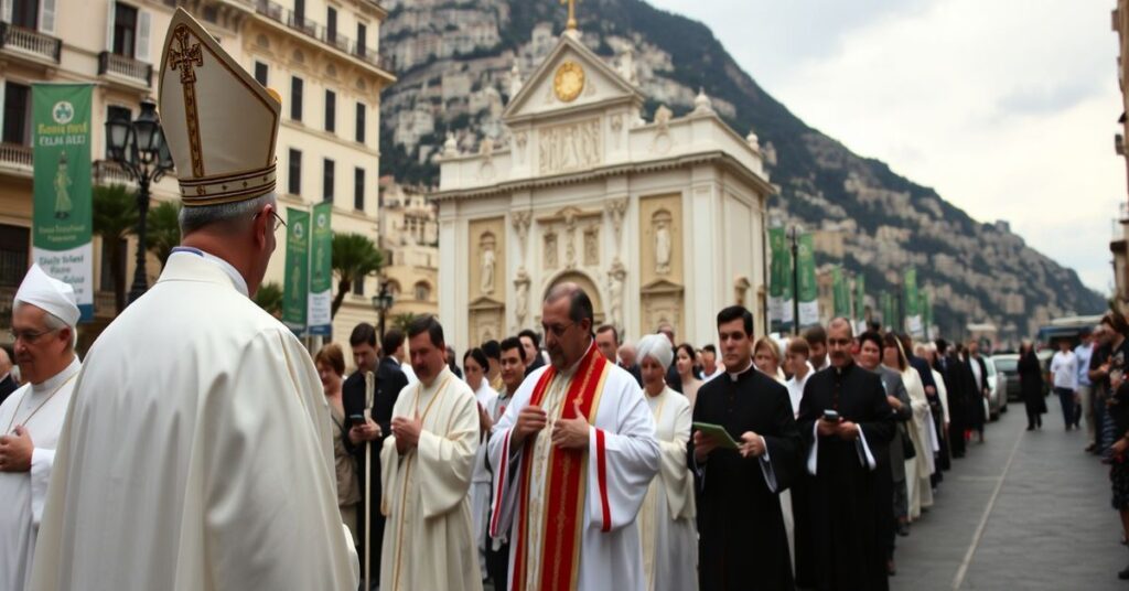 Tradycyjna katolicka procesja przed gotycką katedrą w Monako z kapłanem w sutannie i surpelisie prowadzącym wiernych w modlitwie.