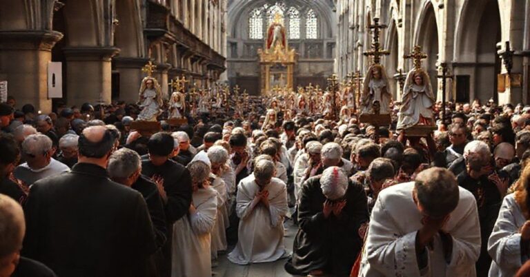 Kolekcja tradycyjnych katolików modli się w procesji Różańcowej w Londynie, nosząc figury Matki Boskiej w stylu sprzed 1958 roku.
