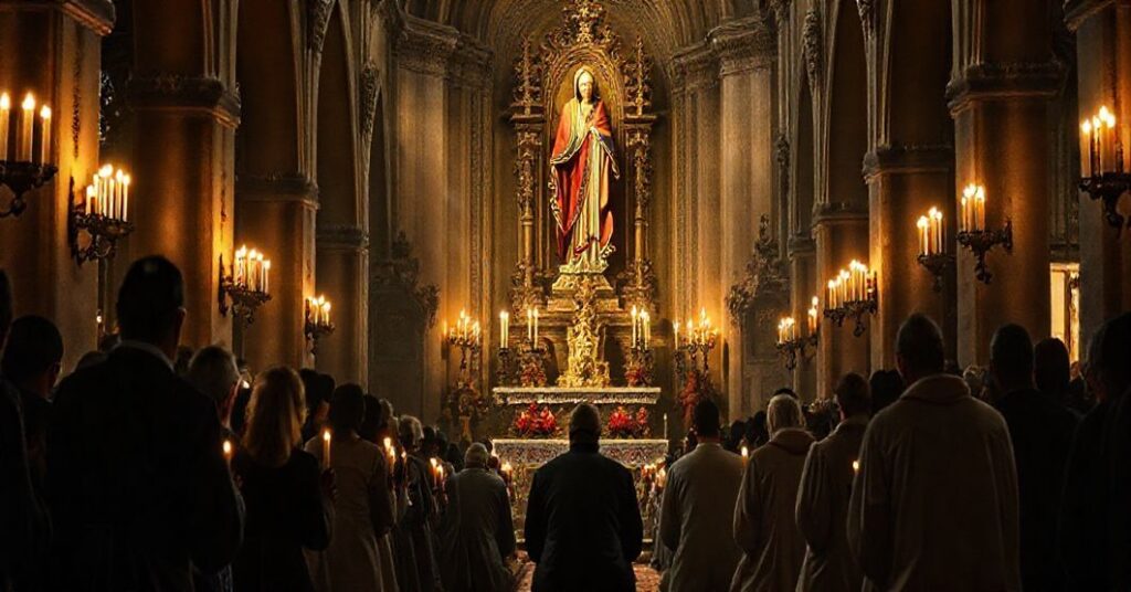 Tradycyjna katolicka procesja w Trzebini, pokazująca wierzących modlących się przed figurą Matki Bożej, otoczona świecami i starą architekturą kościelną, podkreślając tradycyjną pobożność.