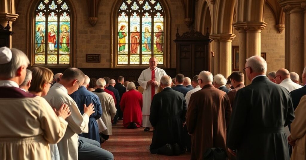 Tradycyjny katolicki zebranie modlitewne podczas rekolekcji w kościele z tradycyjnym księdzem w sutannie.