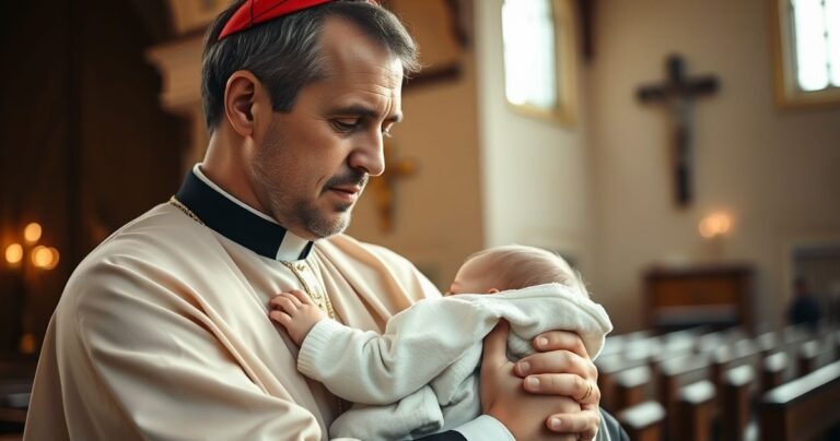 Ojciec z dzieckiem w modlitewnym, sakralnym otoczeniu, symbol rodzinnej miłości i katolickiej pobożności