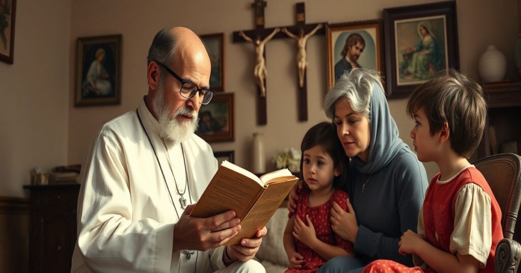 Tradycyjna katolicka rodzina modli się wspólnie w domu, podkreślając ważność wiary w walce z współczesną apostazją.
