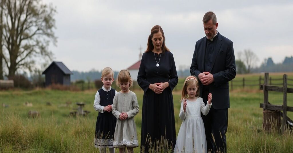 Tradycyjna katolicka rodzina w modlitwie na tle wiejskiego krajobrazu z kaplicą w tle.