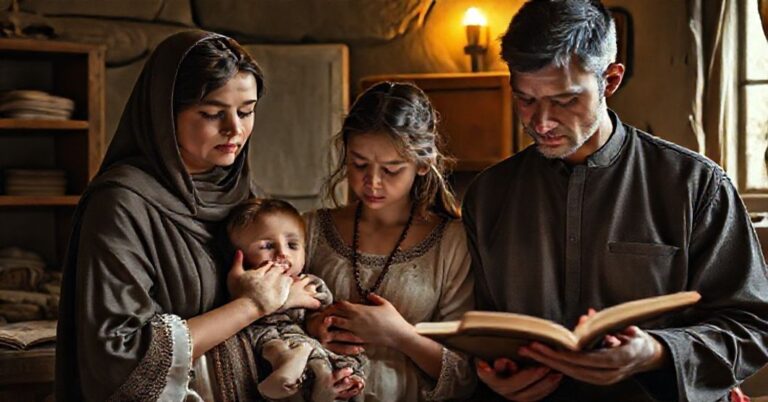Zdjęcie przedstawia tradycyjną katolicką rodzinę modlącą się w domu. Matka trzyma dziecko, ojciec stoi obok. Scena podkreśla wartości rodzinne i wiarę.