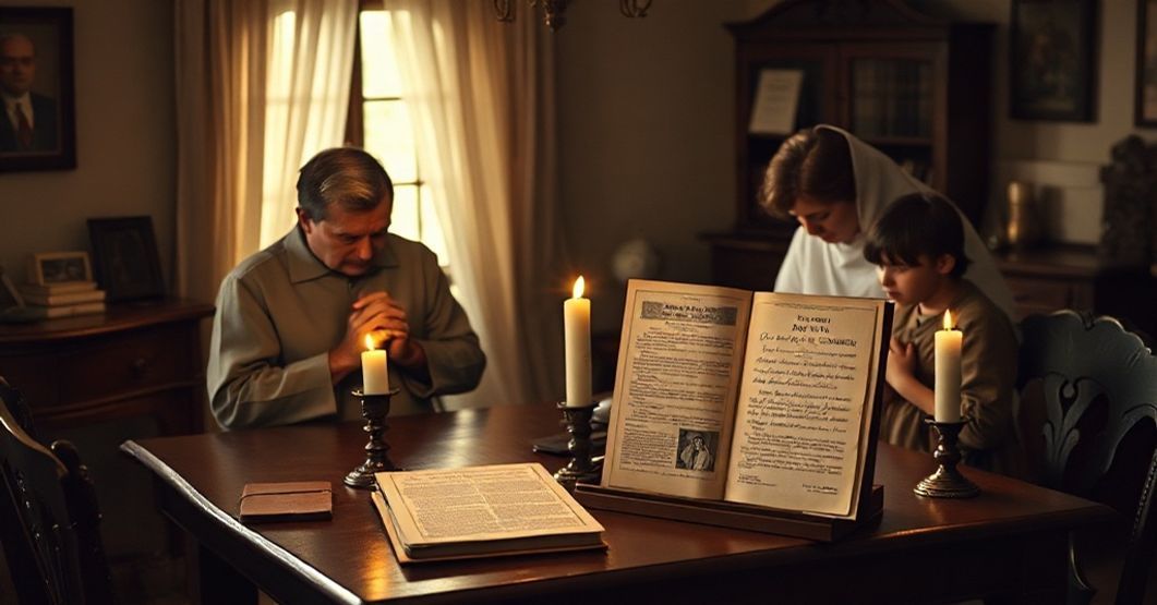 Tradycyjna katolicka rodzina modli się razem w domu z fotografią Papieża Piusa XI i encykliką 'Casti Connubii' na stole.
