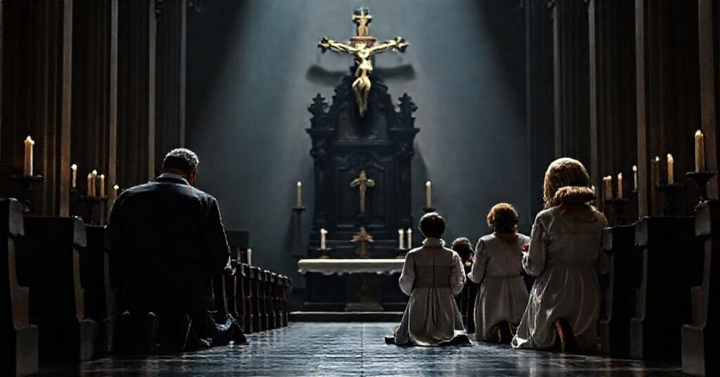 Tradycyjna katolicka rodzina modli się w ciemnym wnętrzu katedry przed krzyżem. Ociec, matka i dzieci ubrani są w skromne stroje sprzed Soboru Watykańskiego II. Pusty konfesjonał w tle symbolizuje zarzucenie autentycznego sakramentu małżeństwa.