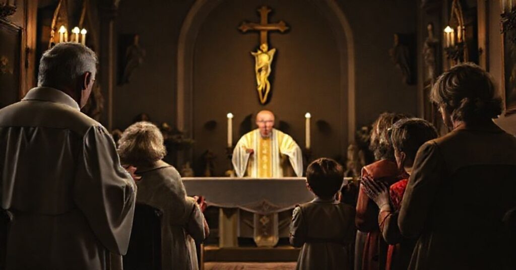 Tradycyjna katolicka rodzina modli się w kaplicy podczas Mszy Świętej w Rzymskim Obrzędzie Tradycyjnym (TLM).