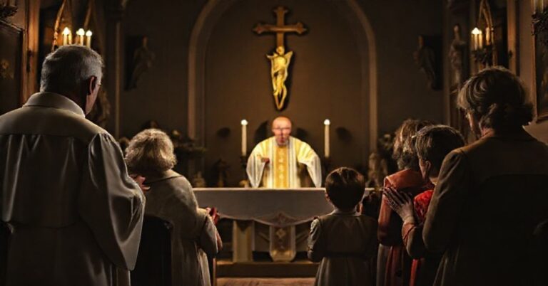 Tradycyjna katolicka rodzina modli się w kaplicy podczas Mszy Świętej w Rzymskim Obrzędzie Tradycyjnym (TLM).