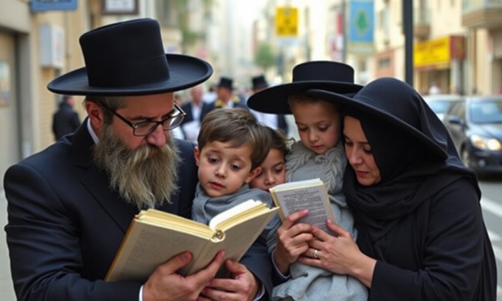 Zdjęcie przedstawiające tradycyjną rodzinę żydowską w Izraelu z wieloma dziećmi. Ojciec studiuje Talmud w jesziwie, matka pracuje poza domem. Na tle widoczna jest ruchliwa ulica w Tel Awiwie.