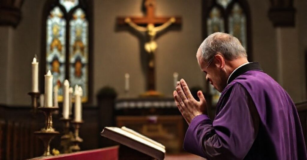 Sobieszcząca scena liturgiczna przedstawiająca tradycyjną przygotowania adwentowe z wiernymi modlącymi się przed krzyżem z otwartym mszałem.
