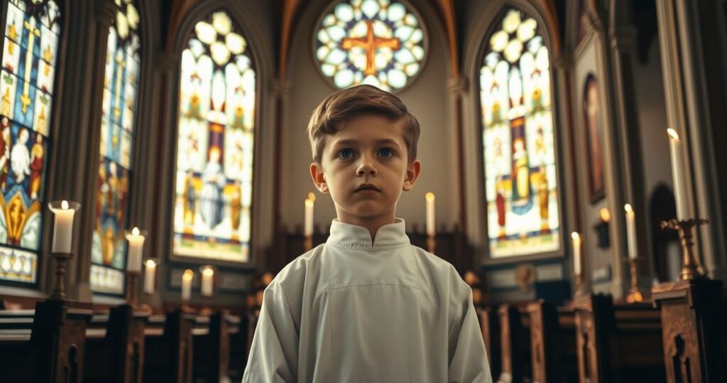 Tradycyjna scena w kościele katolickim z chłopcem symbolizującym Izaaka, uśmiechającym się delikatnie obok ołtarza, z klasyczną ikonografią i światłem świec, wyrażająca radość Bożą z perspektywy sedevakantystycznej.