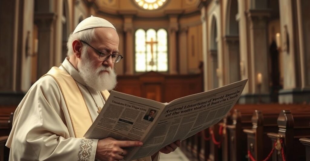 Zdjęcie realistycznej sceny kościelnej z kapłanem czytającym poważny artykuł o nowoczesnych zniekształceniach roli kobiet w Kościele, oddające duchową powagę i tradycyjną katolicką atmosferę