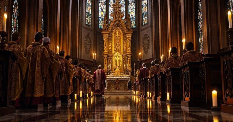 Religijna scena w kościele z kapłanem modlącym się przed tabernakulum, symbolizująca prawdziwą wierność i sprzeciw wobec sekularyzacji dzieła miłosierdzia