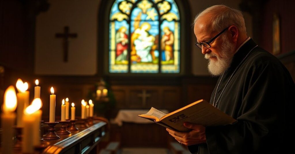 Scena w tradycyjnym kościele katolickim w czasie Wigilii Bożego Narodzenia, z drewnianą żłobkiem i dziećmiątkiem Jezusowym otoczonym Matką Boską i Świętym Józefem. W tle witraż przedstawiający Narodzenie