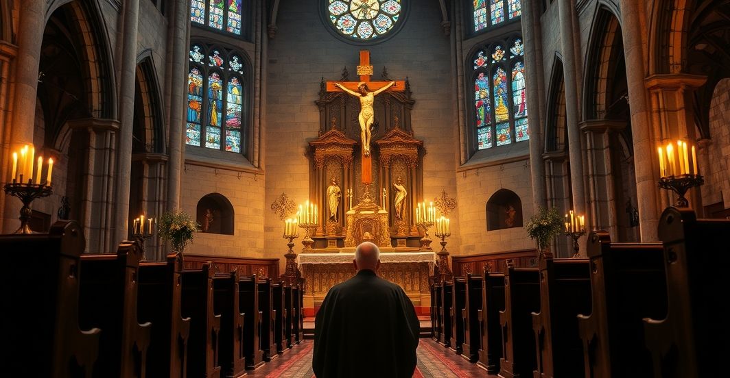 Szara, realistyczna scena w tradycyjnym katolickim kościele z kapłanem modlącym się przy ołtarzu, ukazująca powagę i wierność niezmiennej doktrynie kościelnej