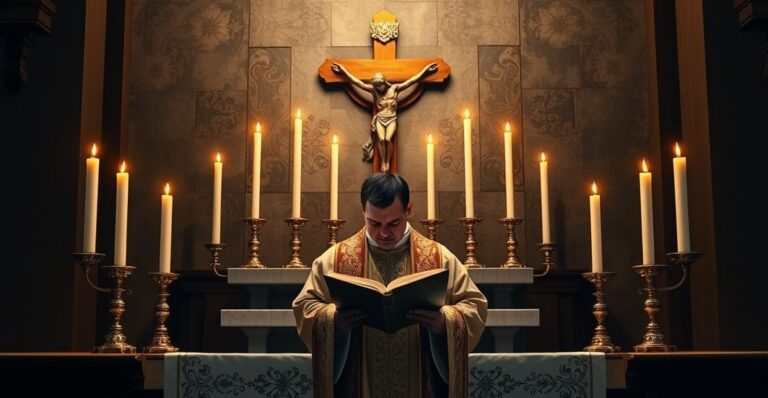 Rewersyjna scena katolicka z ołtarzem, krzyżem i kapłanem w stroju liturgicznym, symbolizująca tradycyjną, niezmienną wiarę katolicką, krytyczna wobec nowoczesnych wpływów