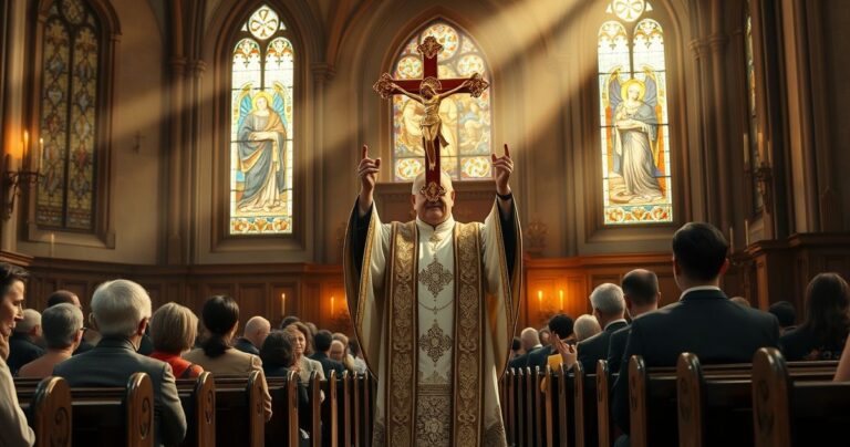 Religijna scena w tradycyjnym kościele katolickim z kapłanem i wiernymi, skupionymi na modlitwie, podkreślająca duchową głębię i tradycję katolicką.