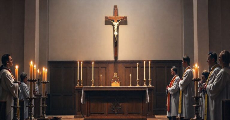 Tradycyjna katolicka scena z ołtarzem, krzyżem i kapłanami w vestmentach, symbolizująca wierność naukom Kościoła i sprzeciw wobec modernistycznej herezji