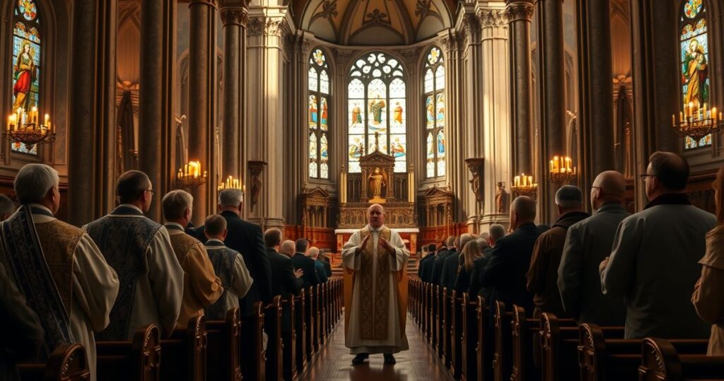 Zdjęcie realistycznej sceny w tradycyjnej katolickiej świątyni z kapłanem i wiernymi, symbolizujące obronę nauki katolickiej i krytykę modernistycznych tendencji