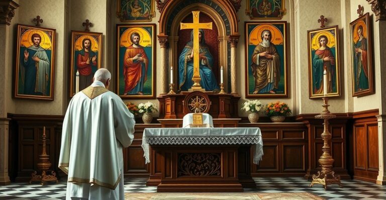 Reverentna scena katolicka z kapłanem modlącym się przy ołtarzu, symbolizująca prawdziwe męczeństwo i wierność tradycji Kościoła