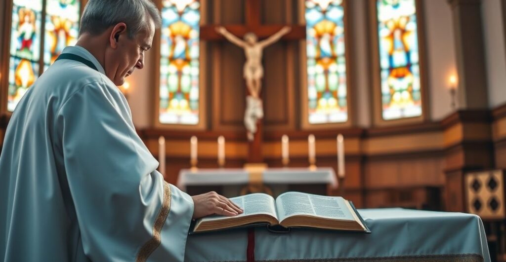 Szarta scena kościelna z kapłanem modlącym się przed krzyżem i Biblią w tradycyjnej katolickiej świątyni, wyraz głębokiej pobożności i szacunku dla nauk Kościoła