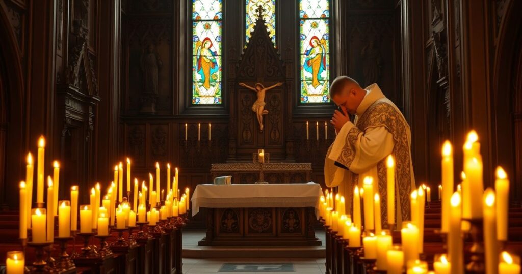 Religijna scena katolicka z ołtarzem, krucyfiksem i kapłanem modlącym się w kościele, ukazująca głęboką pobożność i tradycyjną wiarę katolicką