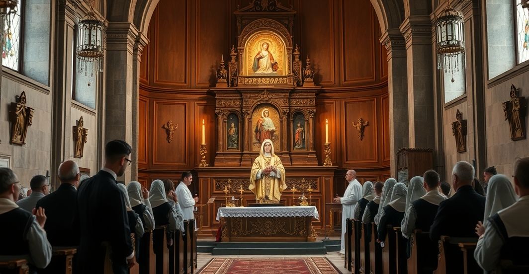 Tradycyjny katolicki kościół z relikwiami świętego młodzieńca, wierni modlący się przy ołtarzu, atmosfera skupienia i szacunku