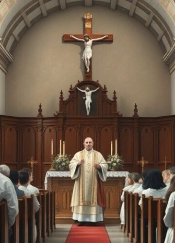 Tradycyjna scena katolicka w kościele podczas uroczystości Szczera, pełna wiary scena kościelna z kapłanem i wiernymi w tradycyjnej świątyni katolickiej, podkreślająca powagę i duchową głębię religijnej liturgii