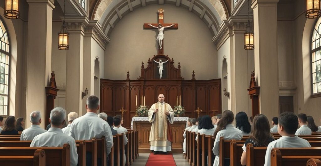 Szczera, pełna wiary scena kościelna z kapłanem i wiernymi w tradycyjnej świątyni katolickiej, podkreślająca powagę i duchową głębię religijnej liturgii