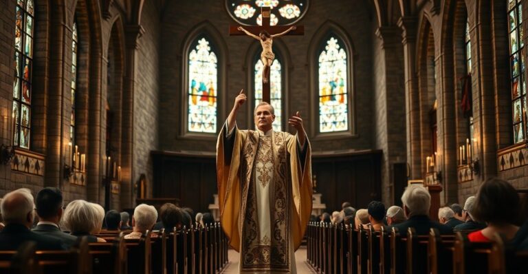 Szczera, pełna wiary scena kościelna z kapłanem i wiernymi w tradycyjnej świątyni katolickiej, podkreślająca powagę i duchową głębię religijnej liturgii