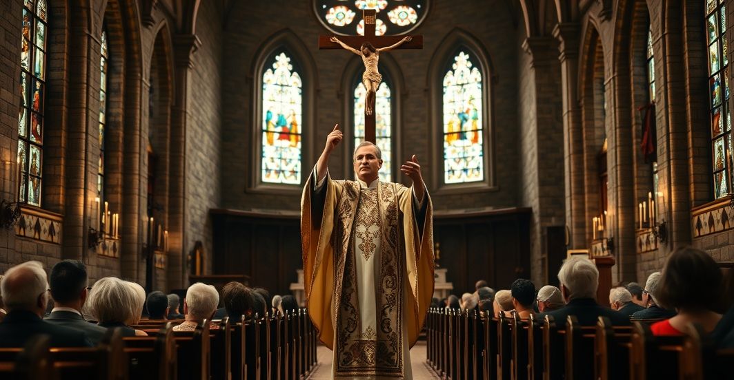 Tradycyjna scena katolicka w kościele podczas uroczystości Szczera, pełna wiary scena kościelna z kapłanem i wiernymi w tradycyjnej świątyni katolickiej, podkreślająca powagę i duchową głębię religijnej liturgii