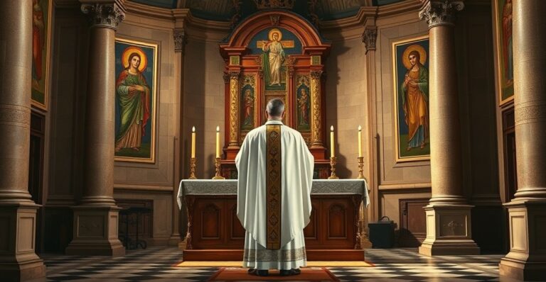 Tradycyjna katolicka scena z kapłanem przy ołtarzu, symbolizująca wierność Chrystusowi Królowi, w realistycznym, poważnym ukazaniu wiary