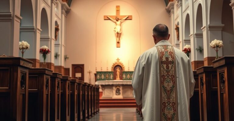 Szkic realistycznego, katolickiego wnętrza kościoła z kapłanem w liturgicznych szatach przy ołtarzu, podkreślający tradycyjną wiarę i kult Chrystusa Króla.