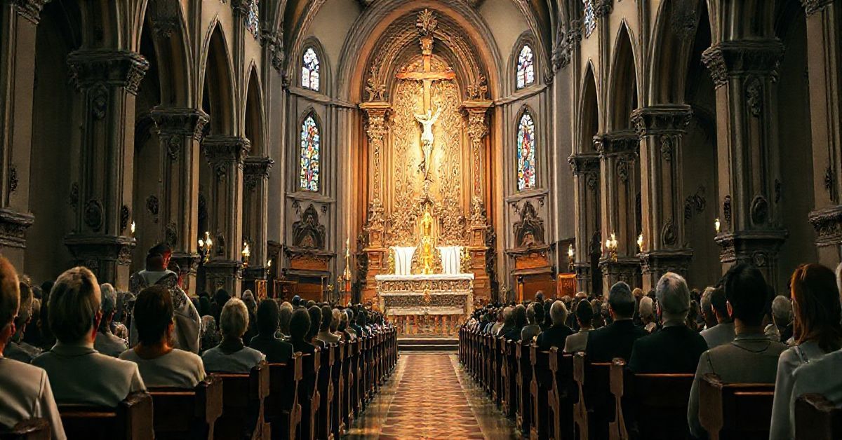 Tradycyjna scena katolicka odzwierciedlająca wierność naukom Kościoła Sanktuarium katolickie z duchownymi w tradycyjnych szatach, konfesjonałem i ołtarzem z krzyżem, oddające powagę i świętość katolickiej wiary