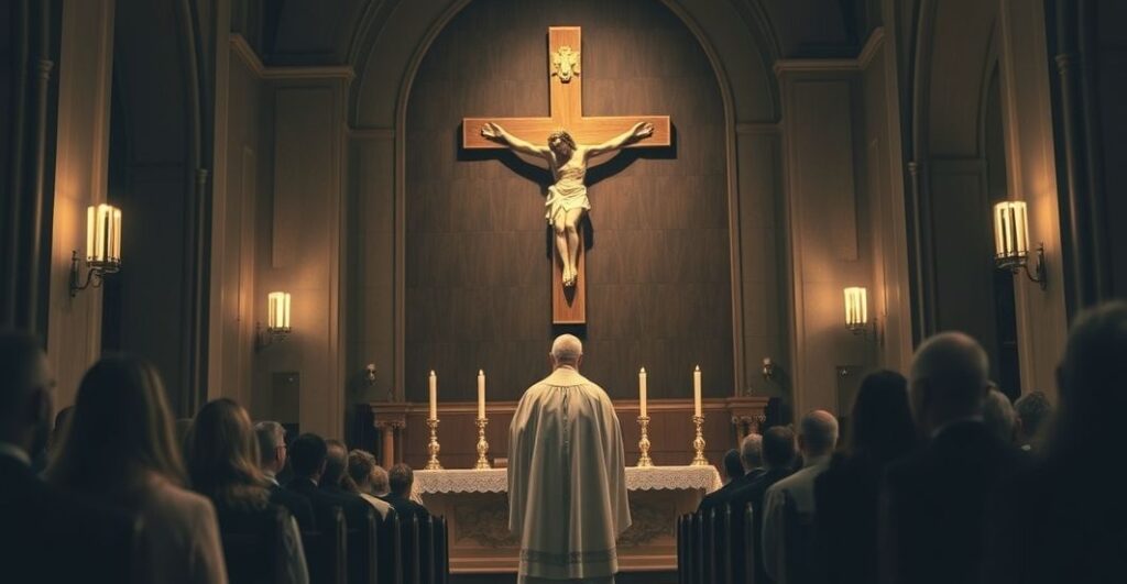 Kaplica katolicka z kapłanem przed krzyżem i Eucharystią, scena pełna czci i tradycji