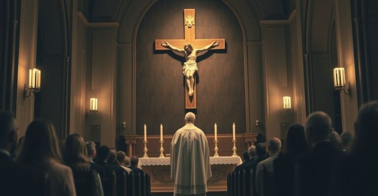 Kaplica katolicka z kapłanem przed krzyżem i Eucharystią, scena pełna czci i tradycji